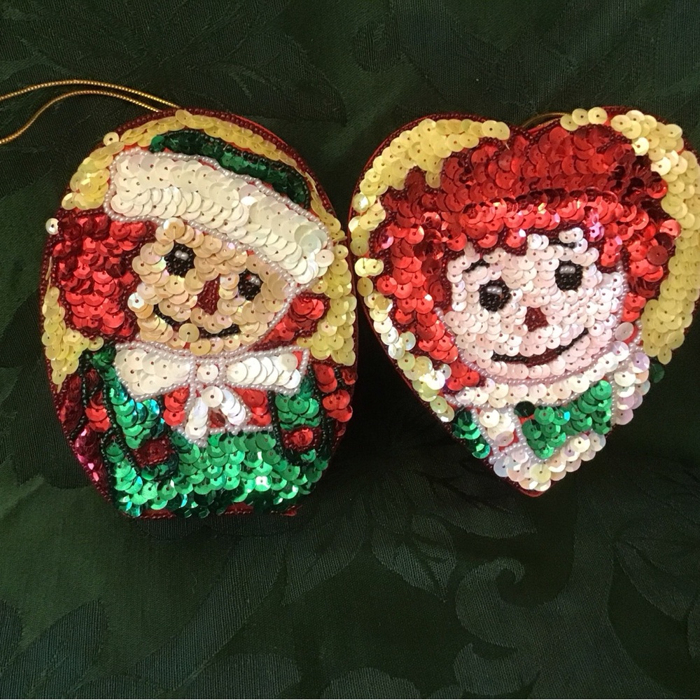Vintage 90s Raggedy Ann & Andy Sequin & Bead Satin Ornament Trinket Boxes